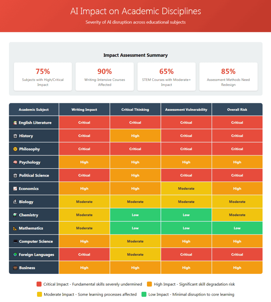 AI impact on academic disciplines, highlighting severity of AI disruption across educational subjects and critical impact on subjects like English Literature, Philosophy, and Computer Science.