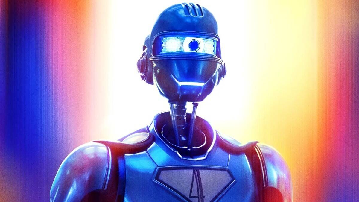 Futuristic robot with a sleek black design, illuminated blue visor, and sci-fi armor, set against a vibrant, colorful background highlighting advanced technology and robotics.