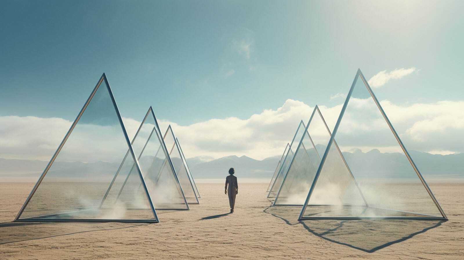 Woman in desert with glass pyramids