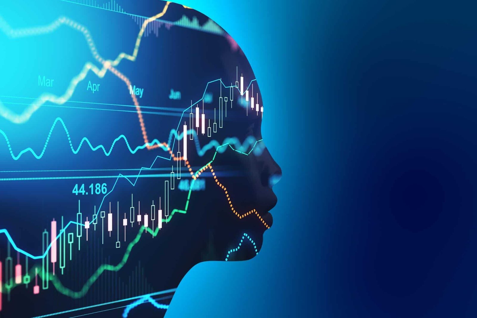 Dynamic digital financial chart with stock market trends and data projections overlaying a human profile, representing financial analysis, AI technology, and investment strategies.
