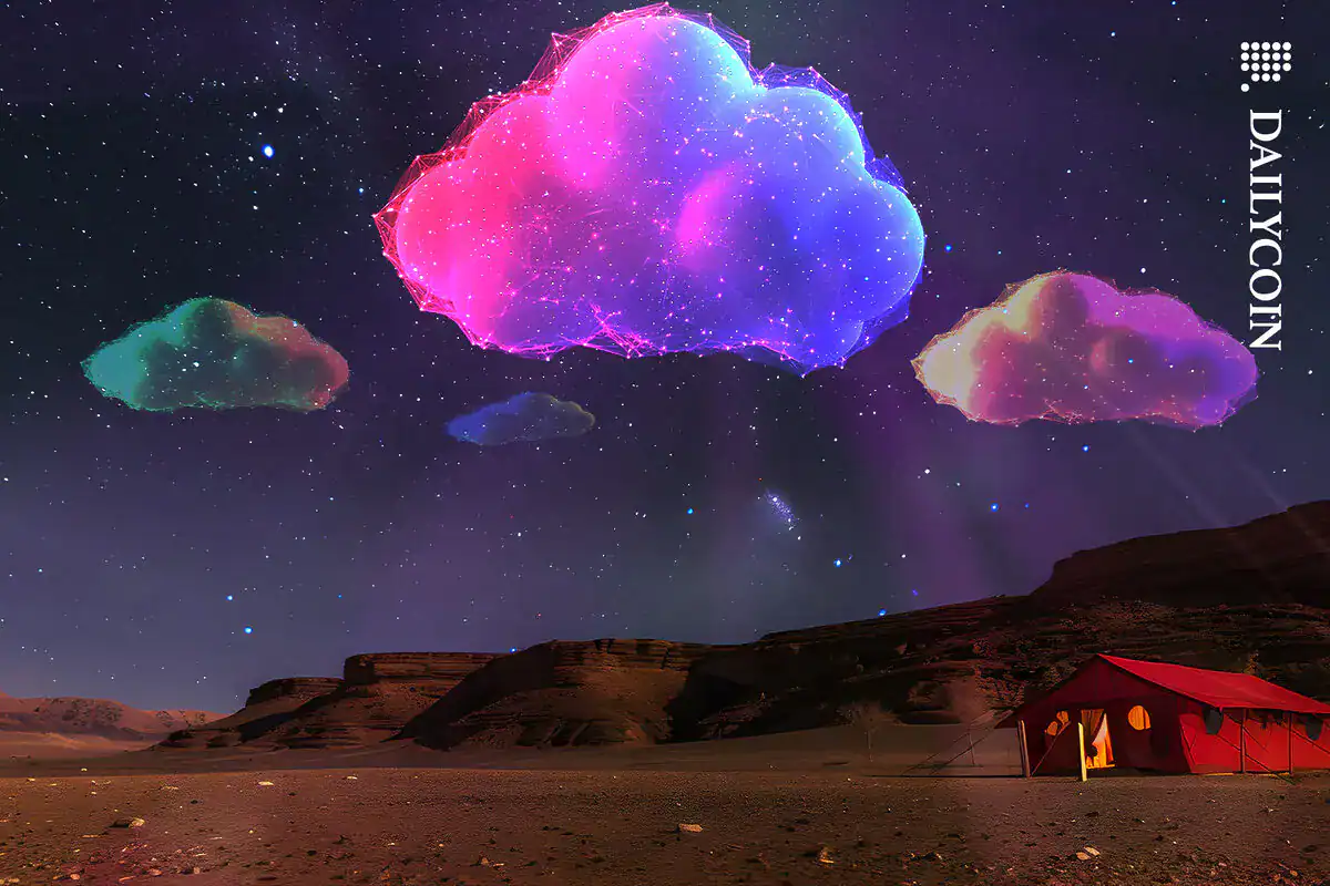 Vibrant cloud-shaped neon lights illuminating a starry night sky over a desert landscape with a red camping tent.