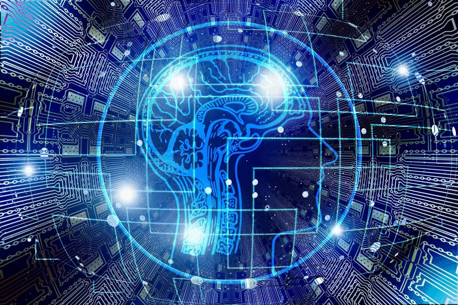 Neural network brain illustration with digital circuit lines, symbolizing artificial intelligence, machine learning, and innovative technology concepts.