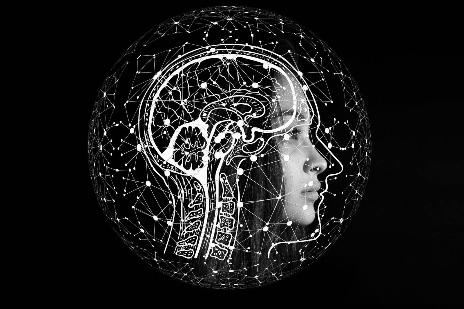 Neuron network and brain illustration with woman profile in black and white, showcasing neuroscience, artificial intelligence, and mental health concepts.