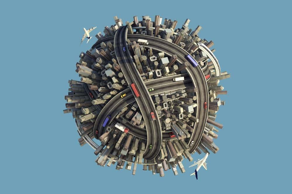 Cityscape miniature with elevated roads and skyscrapers, detailed urban environment, 3D rendering of modern city, transportation infrastructure, city planning, busy metropolis, urban infrastructure visualization.