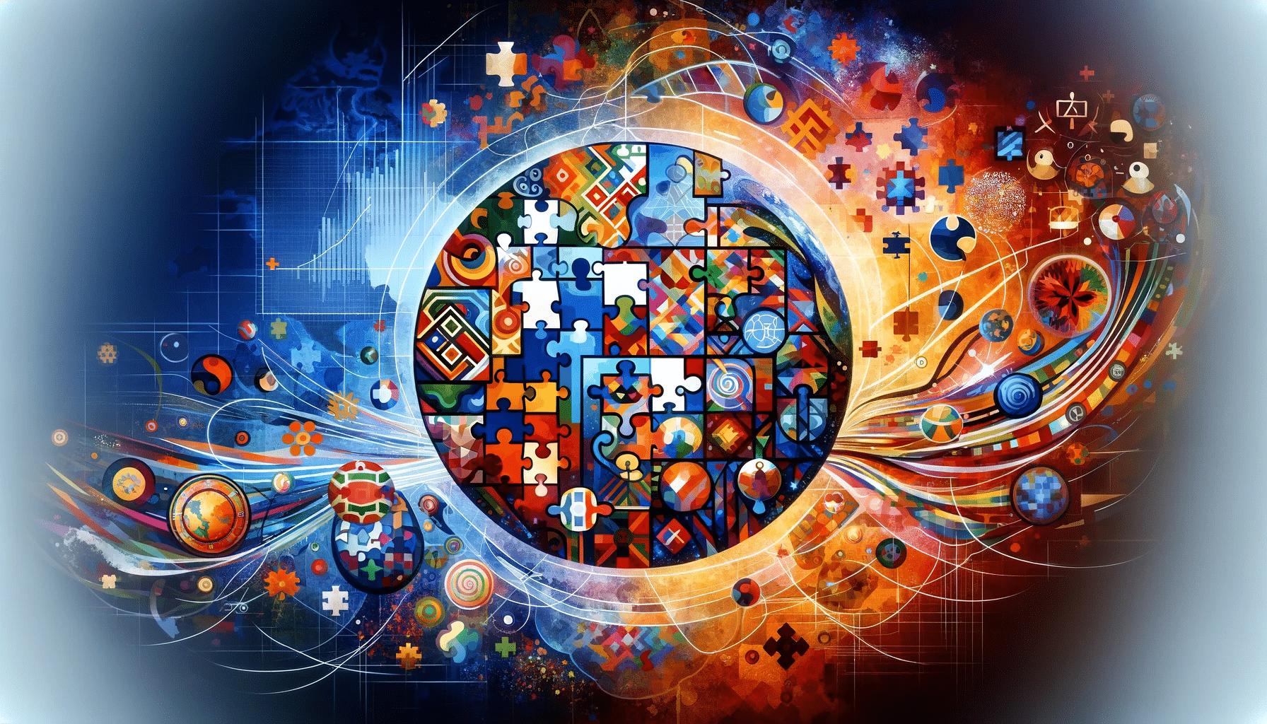 Colorful mosaic of puzzle pieces forming a globe representing autism awareness and neurodiversity. The vibrant design includes abstract elements and interconnected symbols illustrating brain activity and cognitive diversity.