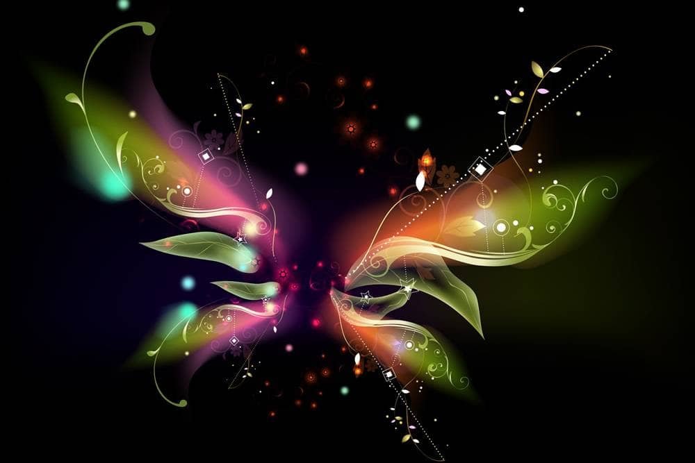 Vibrant neon-colored abstract butterfly with swirling floral and geometric patterns on a black background, symbolizing transformation, creativity, and beauty in digital art.