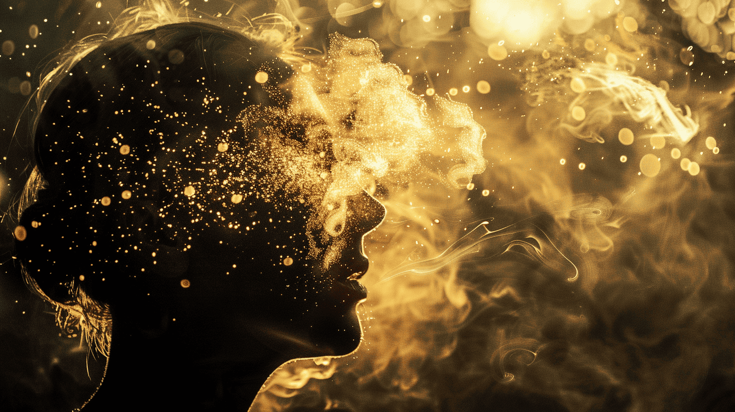 Golden silhouette of a woman's face with swirling smoke and glitter effects, digital art representing creativity and imagination, vibrant golden hues, and ethereal atmosphere, perfect for arts, inspiration, and innovative themes.