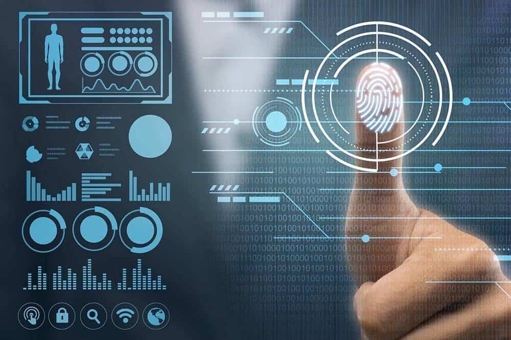 Thumbs-up fingerprint scan biometric security technology digital interface biometric authentication futuristic interface innovative cybersecurity concept.