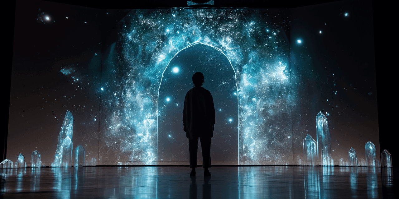 Cosmic galaxy backdrop with person silhouette at futuristic art installation in dark room.