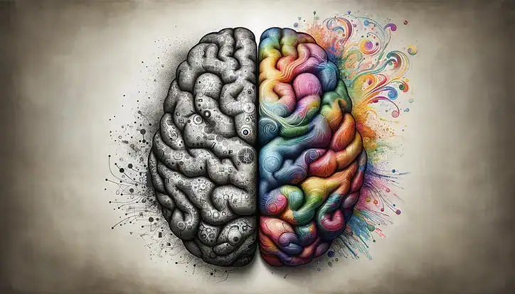 Intricate brain artwork showing black-and-white and colorful sections representing creativity and logic, symbolizing the mind and brain function.
