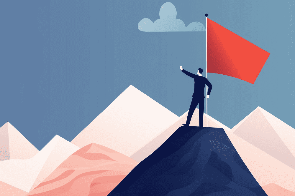 Bold businessman standing on mountain peak holding a red flag symbolizing success and achievement in a digital illustration. Mountain scenery with clouds in the sky.