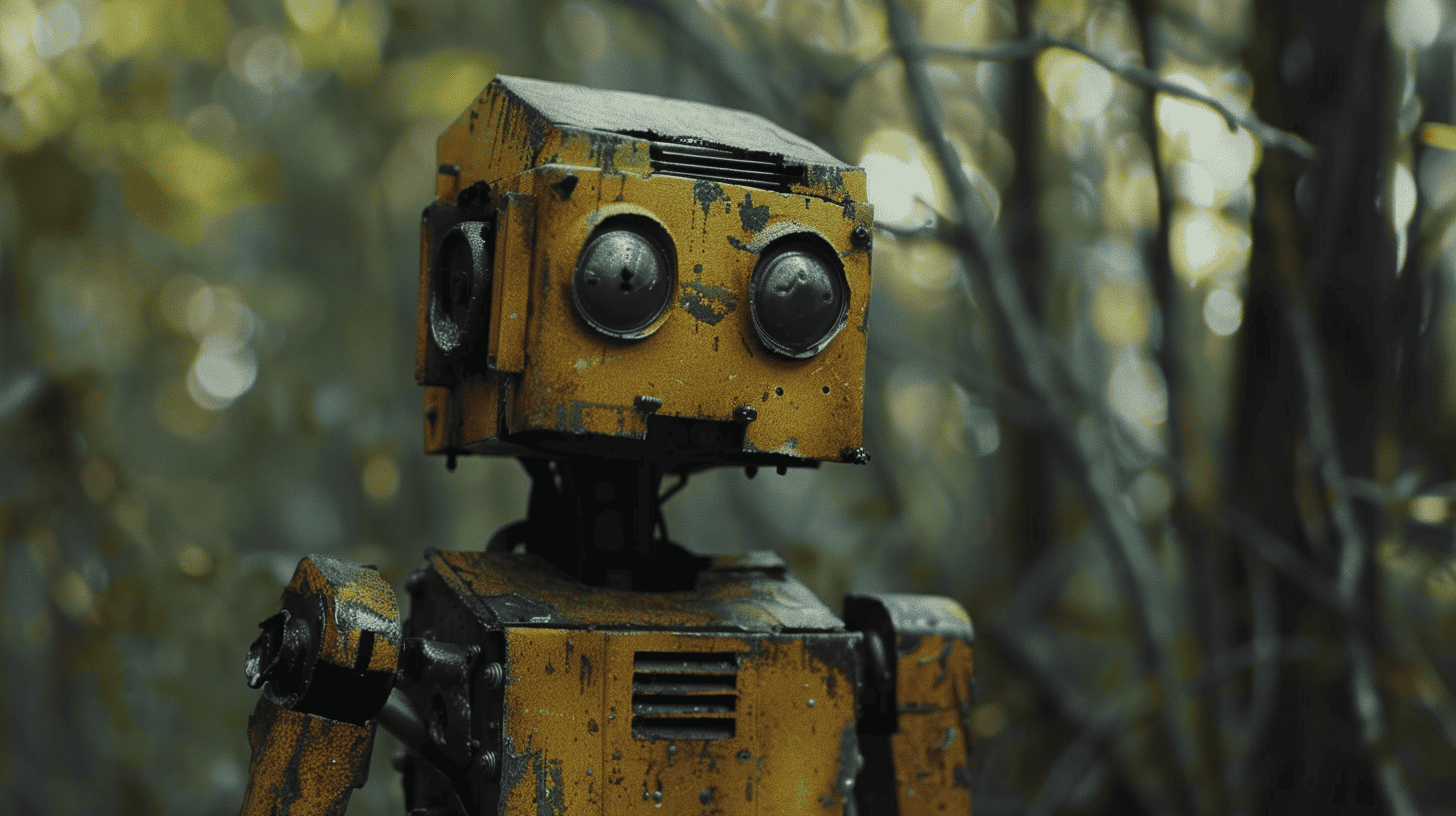 Robot in a forest, abandoned robot with a rusty yellow finish, humanoid robot with weathered metal, outdoor scene with blurred trees, post-apocalyptic robotic figure for dystopian projects.