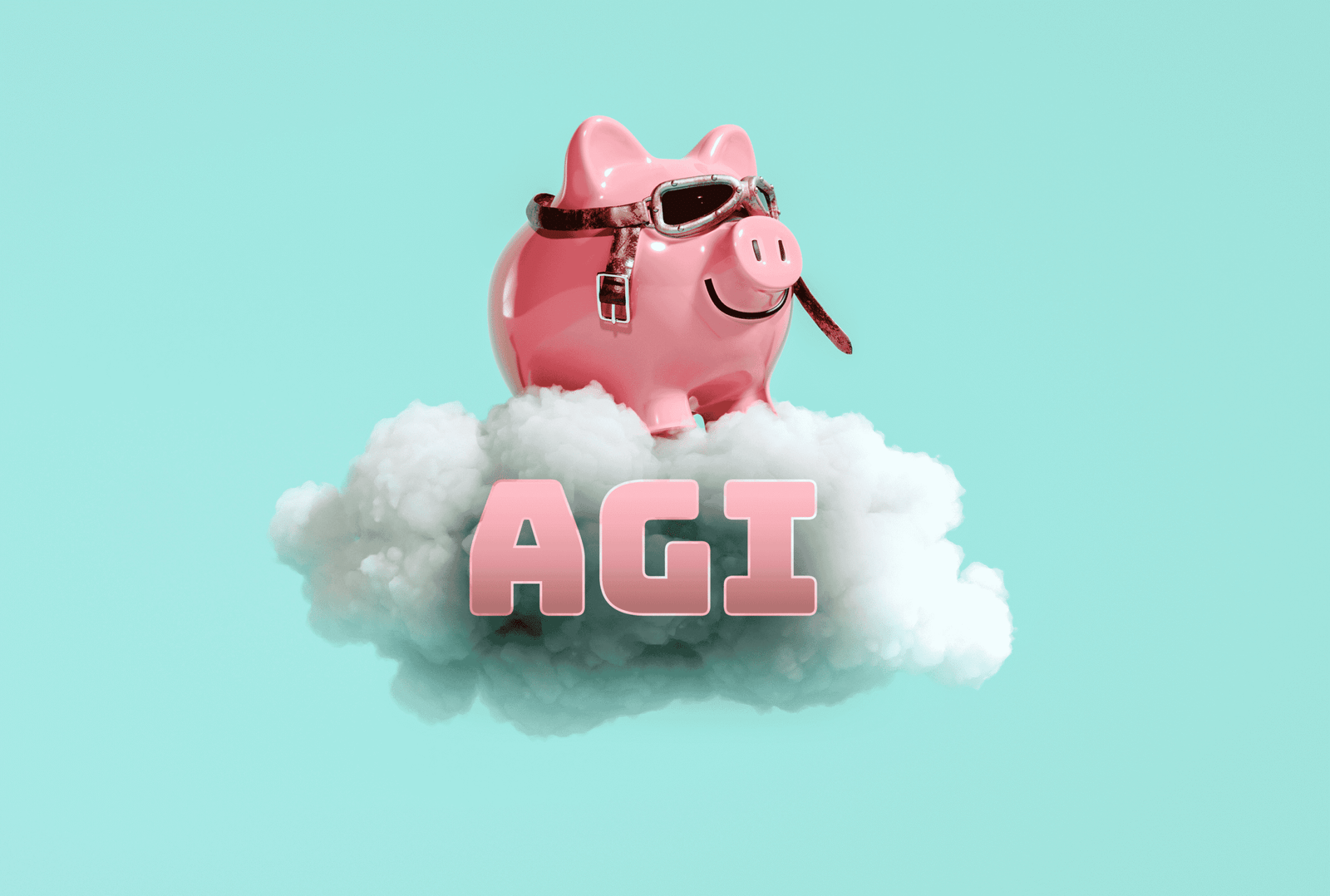 Pink piggy bank wearing sunglasses on fluffy cloud with "AGI" text, digital art illustration, representing artificial general intelligence, innovation, and future technology.