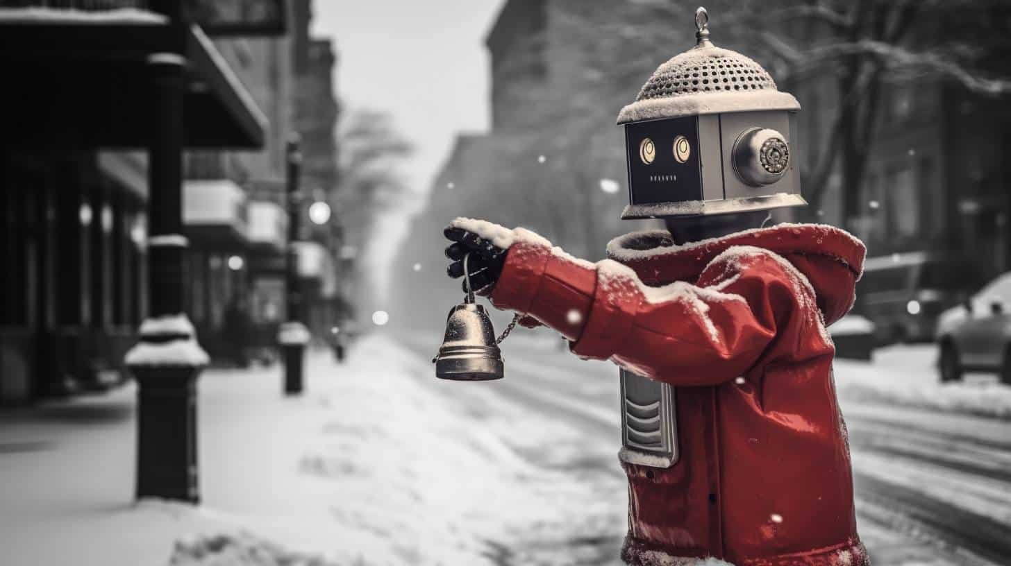 Robot dressed as Santa Claus ringing a bell in a snowy street, creating a festive holiday scene with winter atmosphere, holiday cheer, and robot marketing.