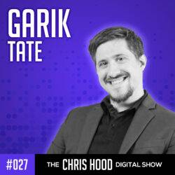 Chris Hood smiling in a promotional digital show image featuring modern graphic design elements.