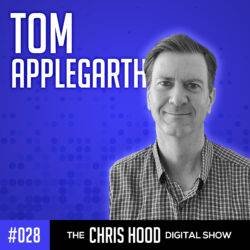 Insightful black and white portrait of Chris Hood, host of The Chris Hood Digital Show, on a vibrant blue background with bold white and black text and show episode hashtag, emphasizing his expertise in digital marketing.