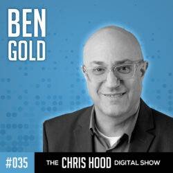 Ben Gold, digital show host, smiling in a professional headshot for the Chris Hood podcast series. Featuring a blue background with abstract dot patterns, emphasizing his role in digital media and online broadcasting.