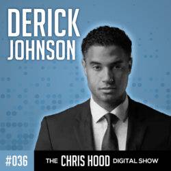 Derrick Johnson, professional host of The Chris Hood Digital Show, in a stylish black suit and tie, on a modern blue background with podcast branding elements, promoting digital media and podcasting.