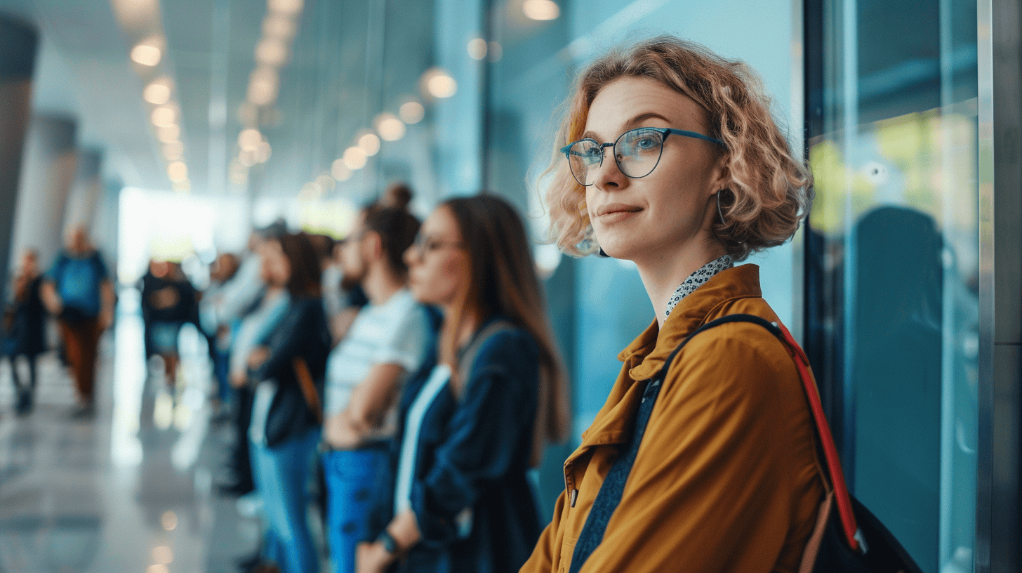Waiting at an airport terminal, a young woman with curly red hair, glasses, and a yellow jacket stands out among diverse travelers. She appears calm and reflective, capturing a moment of anticipation in this crowded setting.