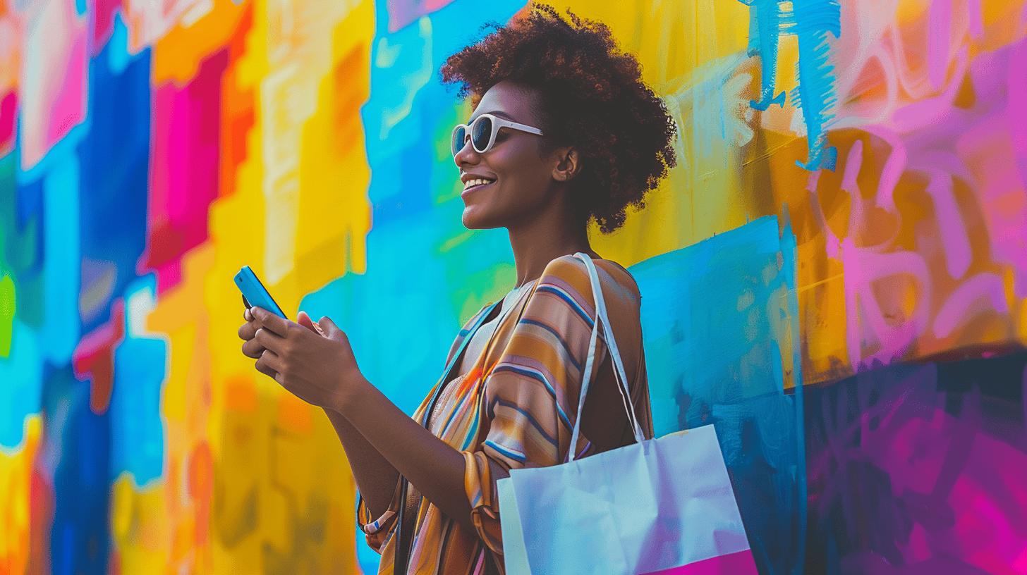 Bright smiling woman with curly hair and sunglasses using phone at colorful mural wall, showcasing vibrant urban street art for lifestyle and street art photography SEO.