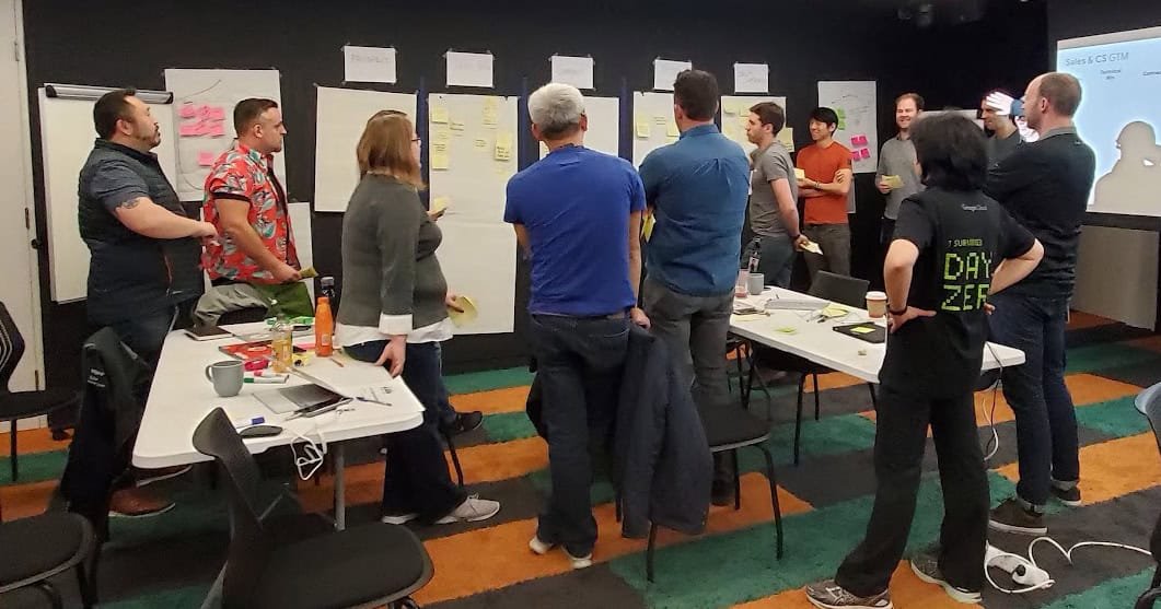 Strategic business workshop with diverse professionals collaborating around presentation boards in a modern conference room. Focus on team engagement, innovation, and corporate training.