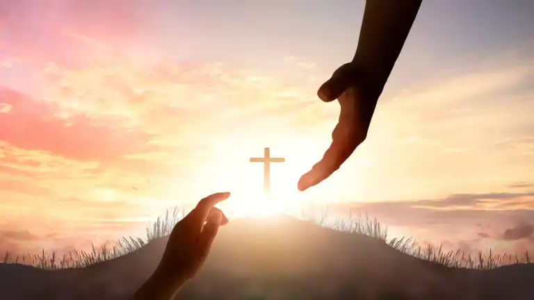 God holding his hand out to a woman with a cross in the background symbolizing "You are chosen"