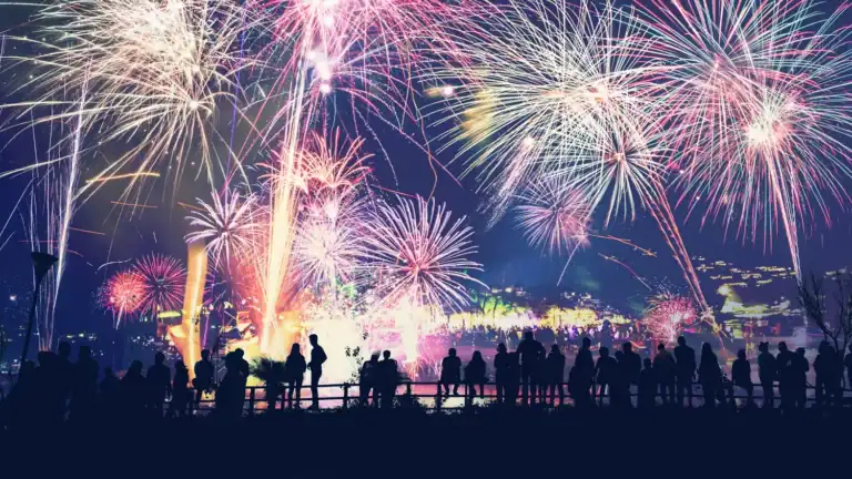 A large group of people watching fireworks, symbolizing a grateful New Year