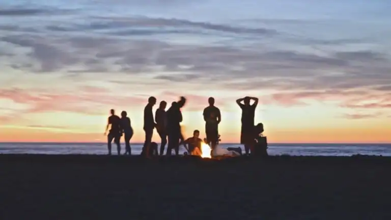 A group of people at the beach, around a fire at sunset