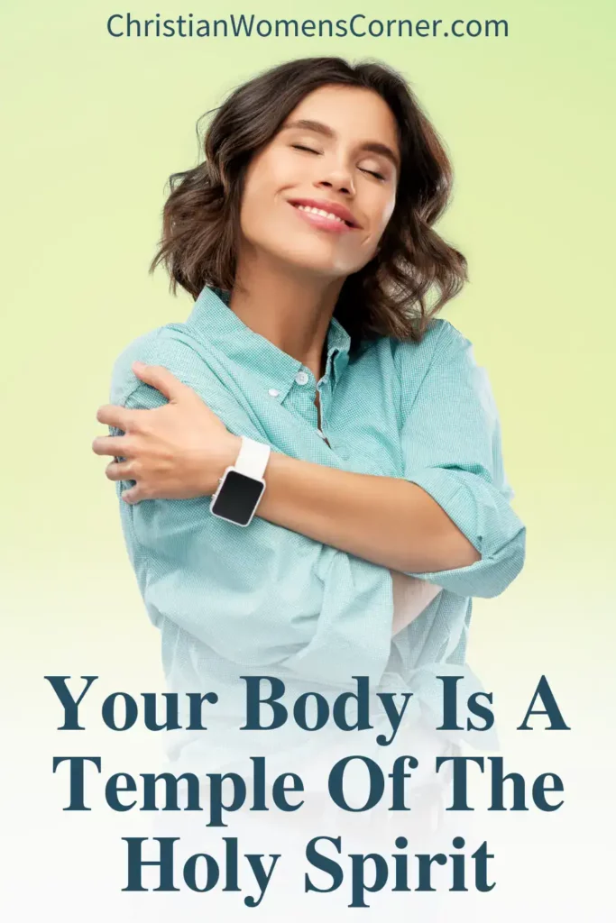 A Christian woman hugging herself and smiling, symbolizing that your body is a temple