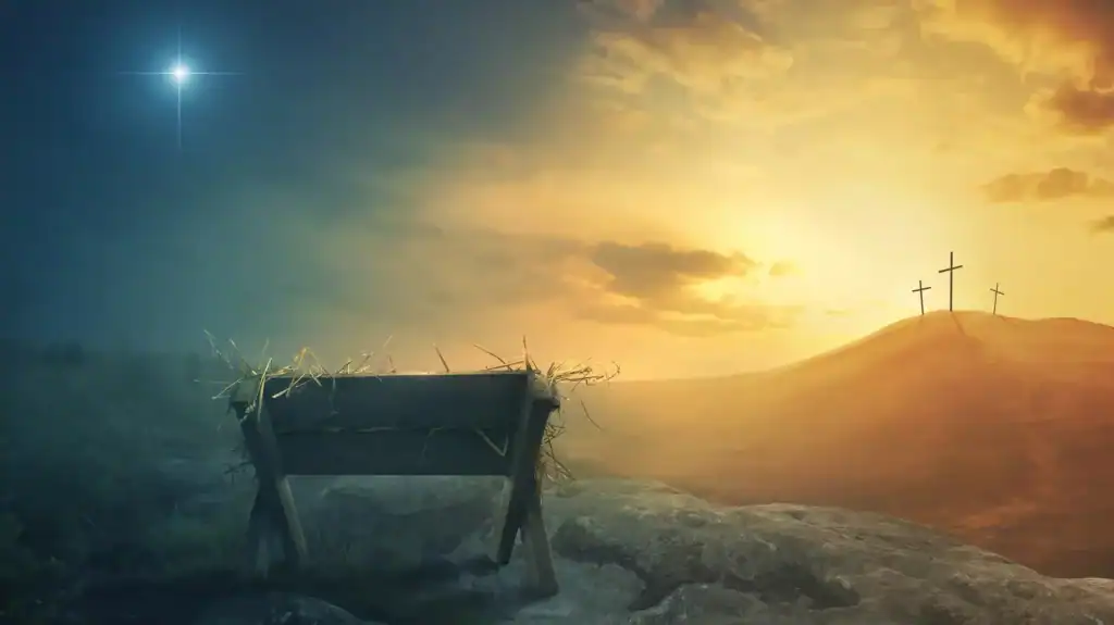 A manger with a star above it and three crosses on a hill in the background, symbolizing the greatest gift is Jesus to Christian women studying the Bible A manger with a star above it and three crosses on a hill in the background, symbolizing the greatest gift is Jesus to Christian women studying the Bible