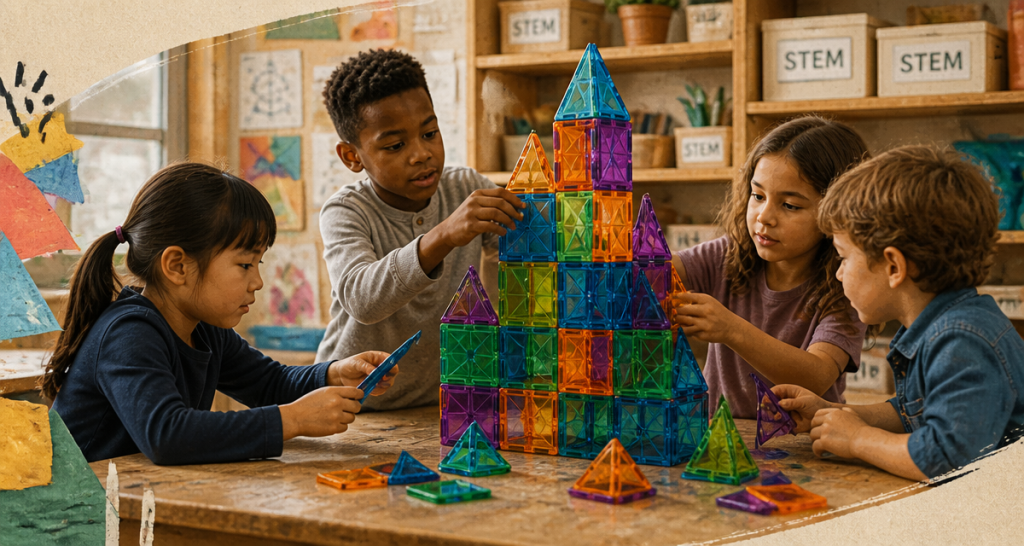 Enfants jouant blocs construction magnétiques