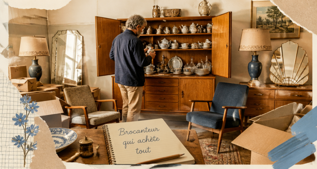 brocanteur qui achète tout examinant buffet vintage