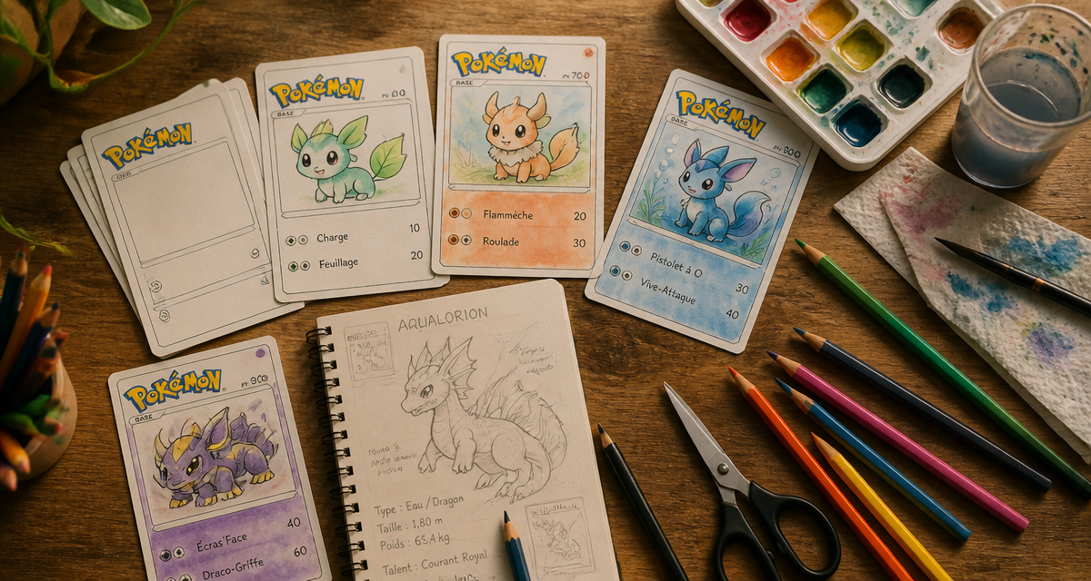 Cartes Pokemon vierges personnalisées sur table