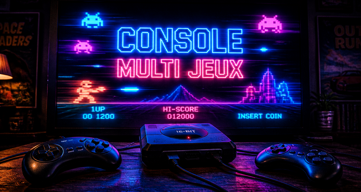 console multi jeux rétro noire avec manettes et écran arcade