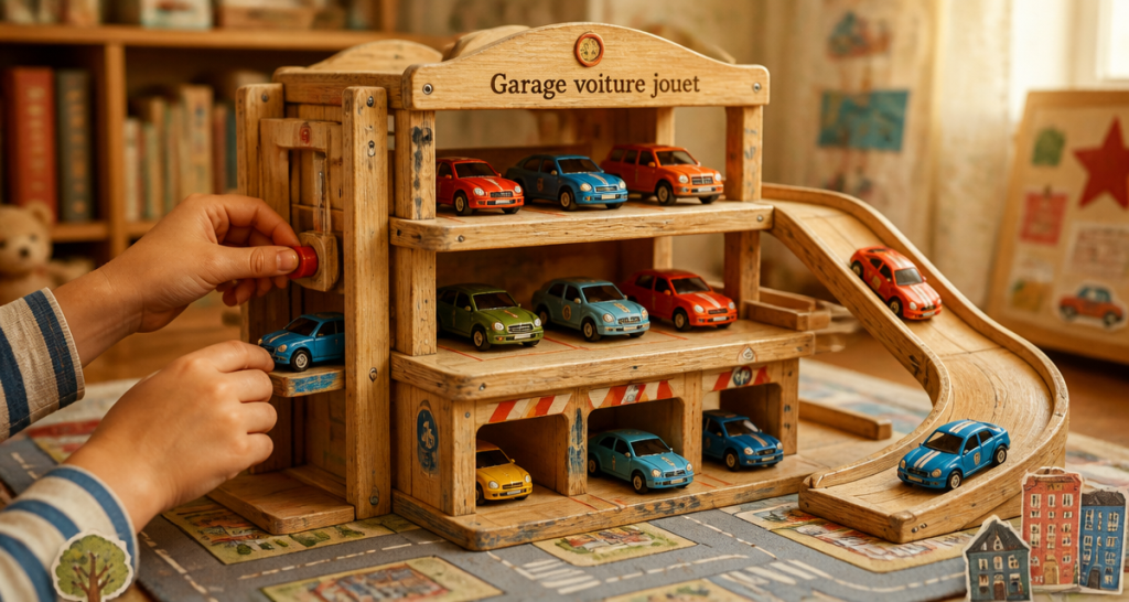 garage voiture jouet en bois avec voitures