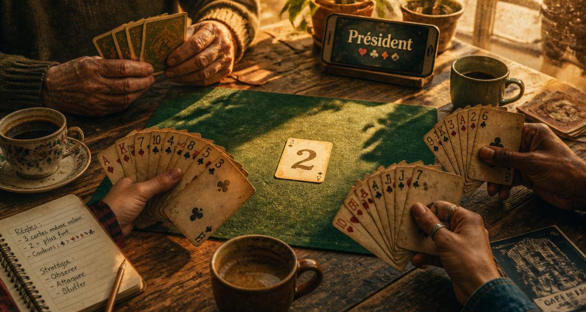 Le President jeu de cartes, mains et cartes sur table