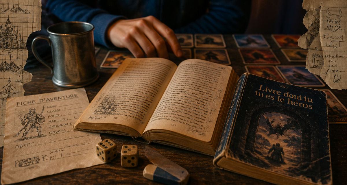 Livre dont tu es le héros sur table, dés et fiche d'aventure