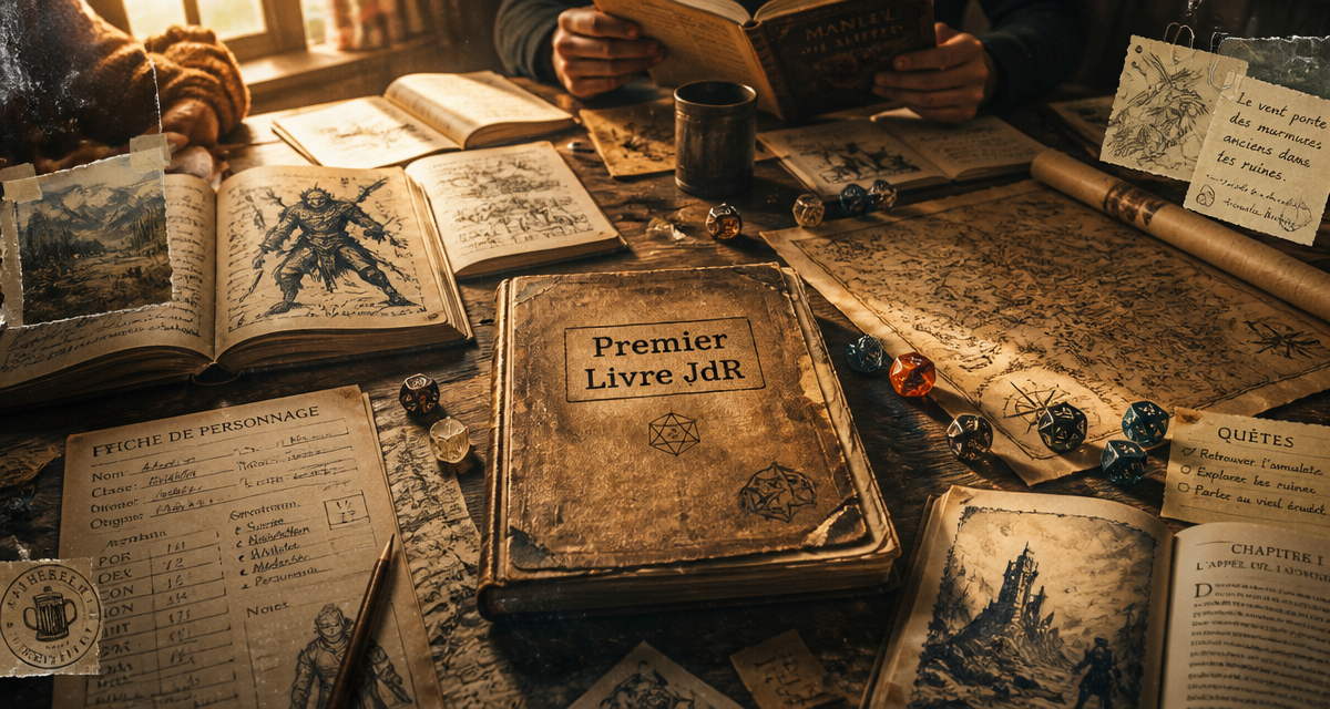 livre jeu de rôle sur table avec dés et cartes