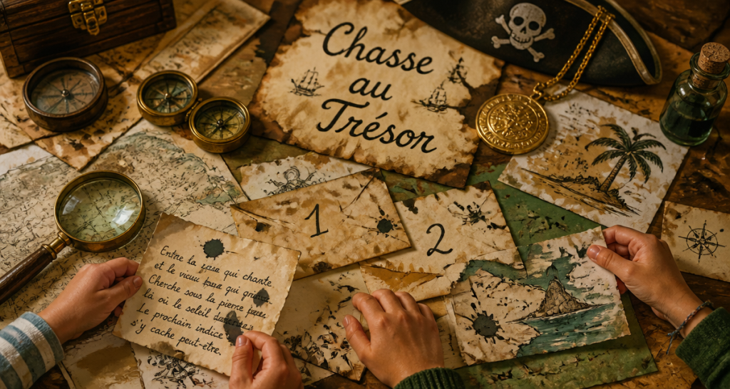 Chasse au tresor enfant indices sur table