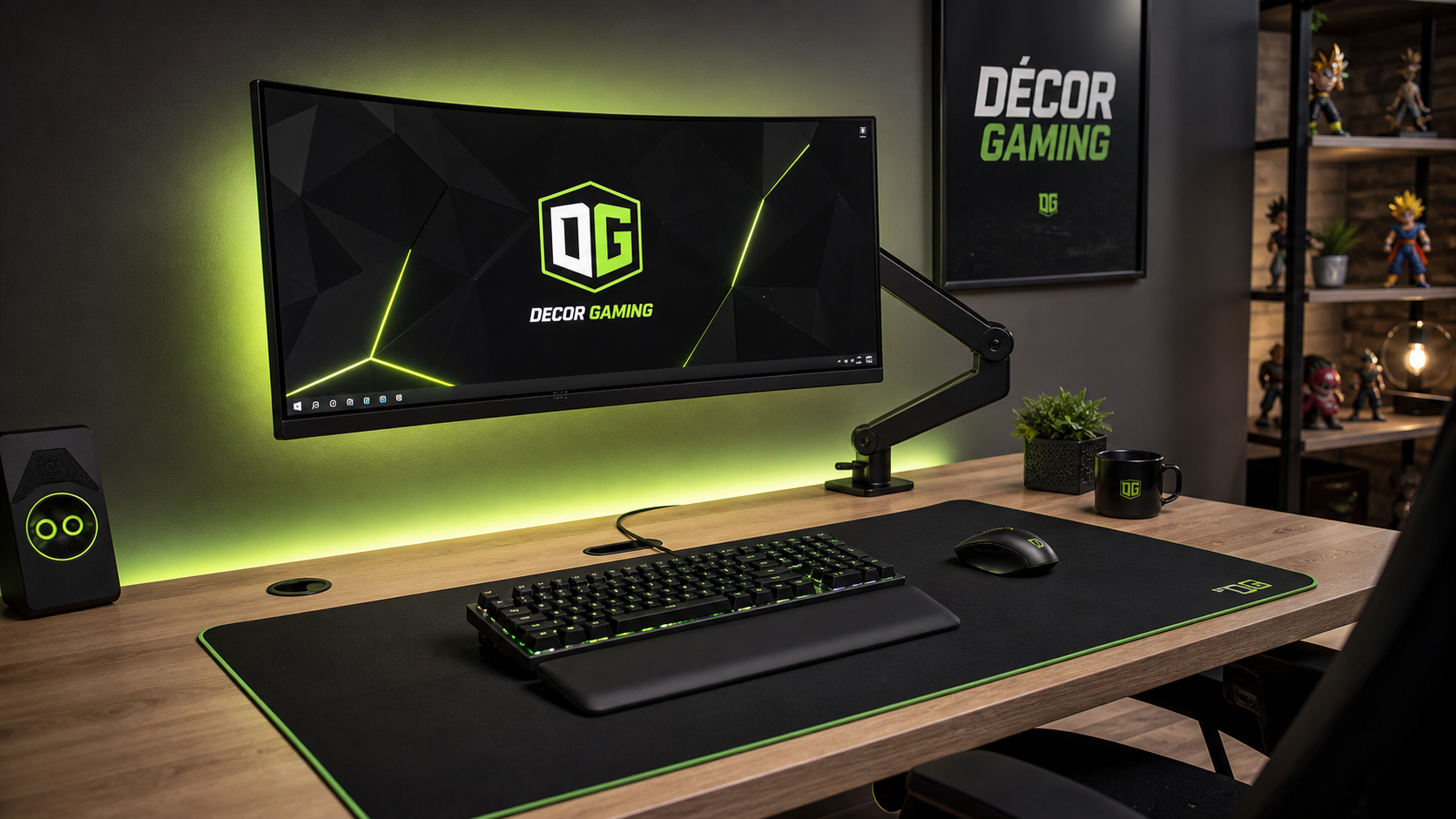 Déco bureau gaming clean RGB maîtrisé : bureau bois et écran incurvé