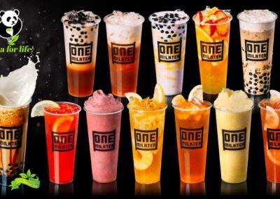 A variety of different drinks are shown in a row.