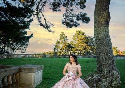 A girl in a pink dress is sitting under a tree.