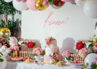 A pink and gold birthday party with balloons and balloons.