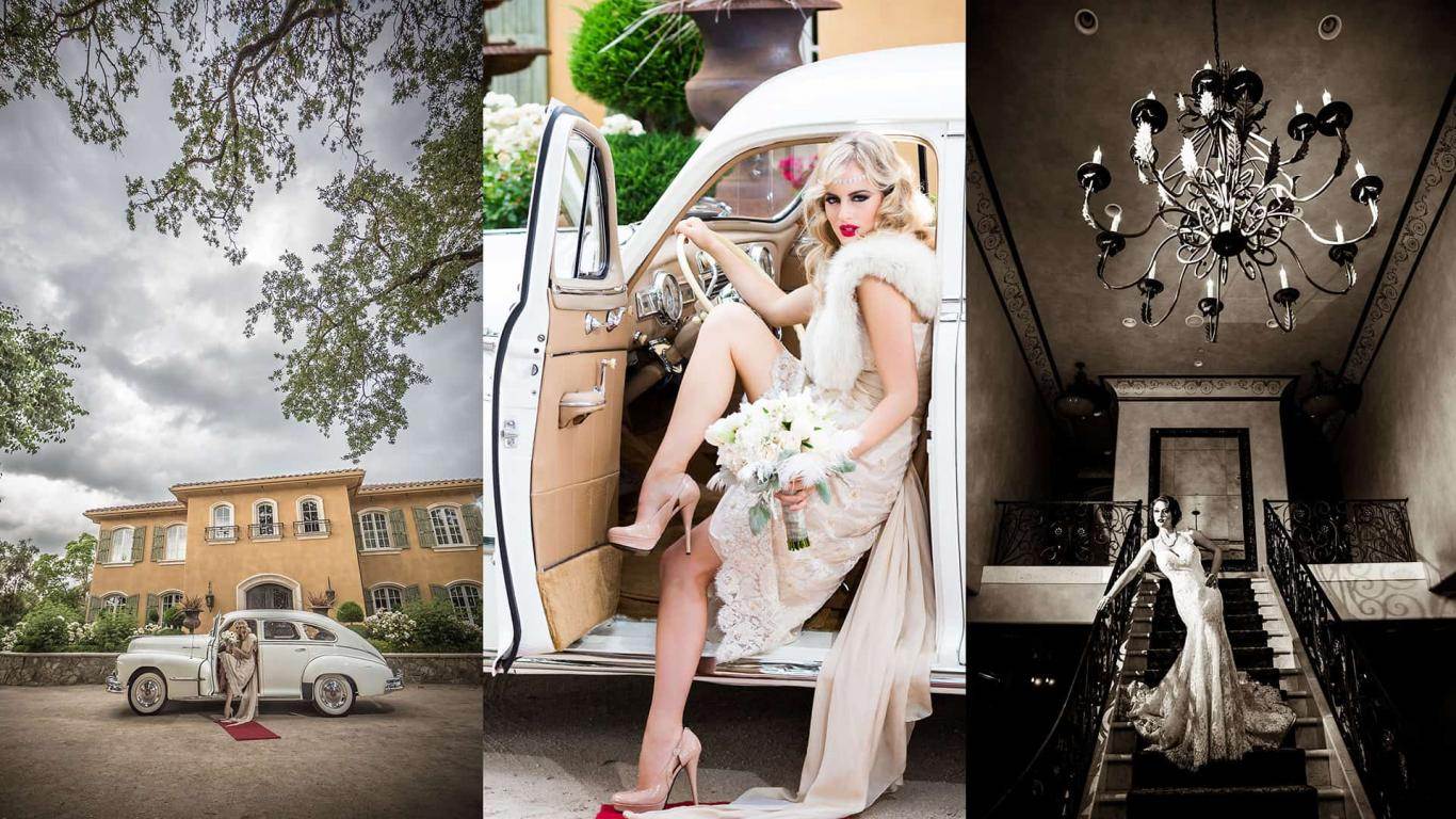 CineCrown glamour photography A bride is posing in front of a vintage car.
