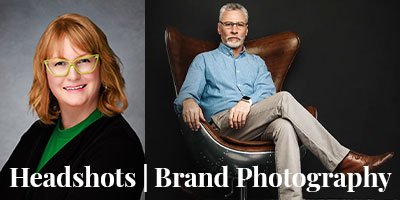 Professional headshots and brand photography featuring a smiling woman and a man in a studio setting.
