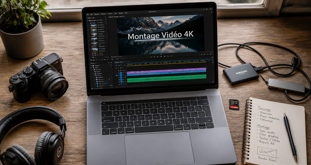 ordinateur portable montage vidéo 4K sur bureau