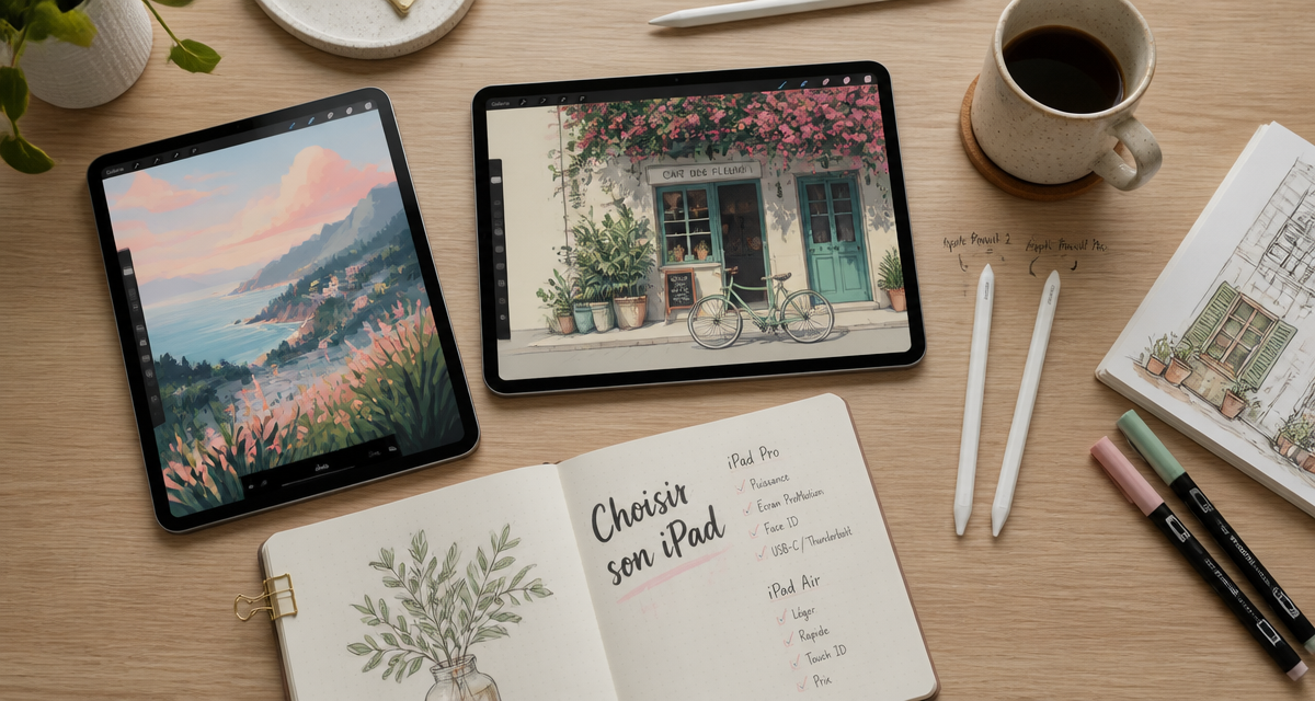 Quel iPad pour dessiner ? iPad Pro et Air avec Apple Pencil sur bureau d'artiste