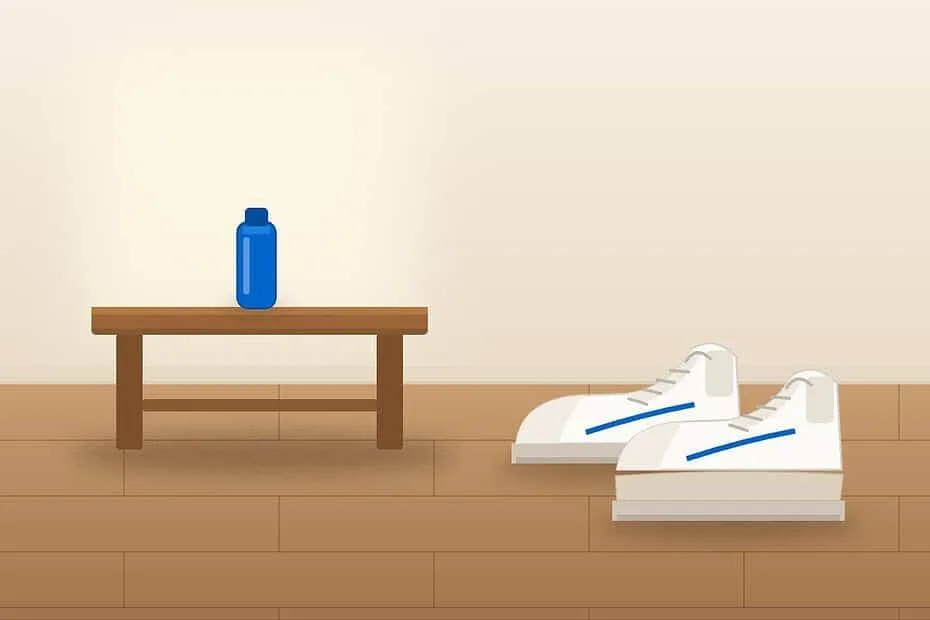 Getting used to a shoe lift: white walking sneakers, one with a built-in sole lift, beside a wooden bench with a blue water bottle in a home entryway