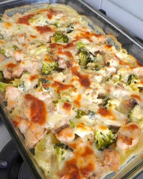 Gratinado de pollo y papa alto en proteína servido en plato blanco