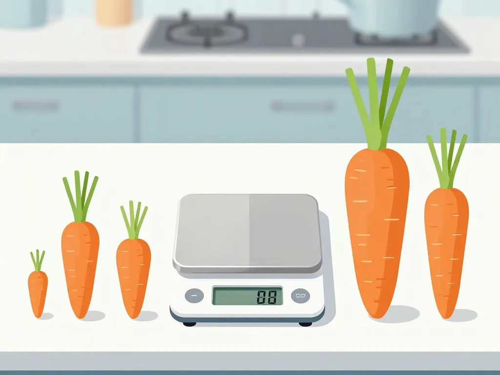 carottes de différentes tailles sur balance illustrant poids d'une carotte